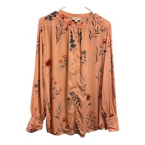 LOFT Long Sleeve Button up Blouse Peach Floral Rayon Women’s Size L